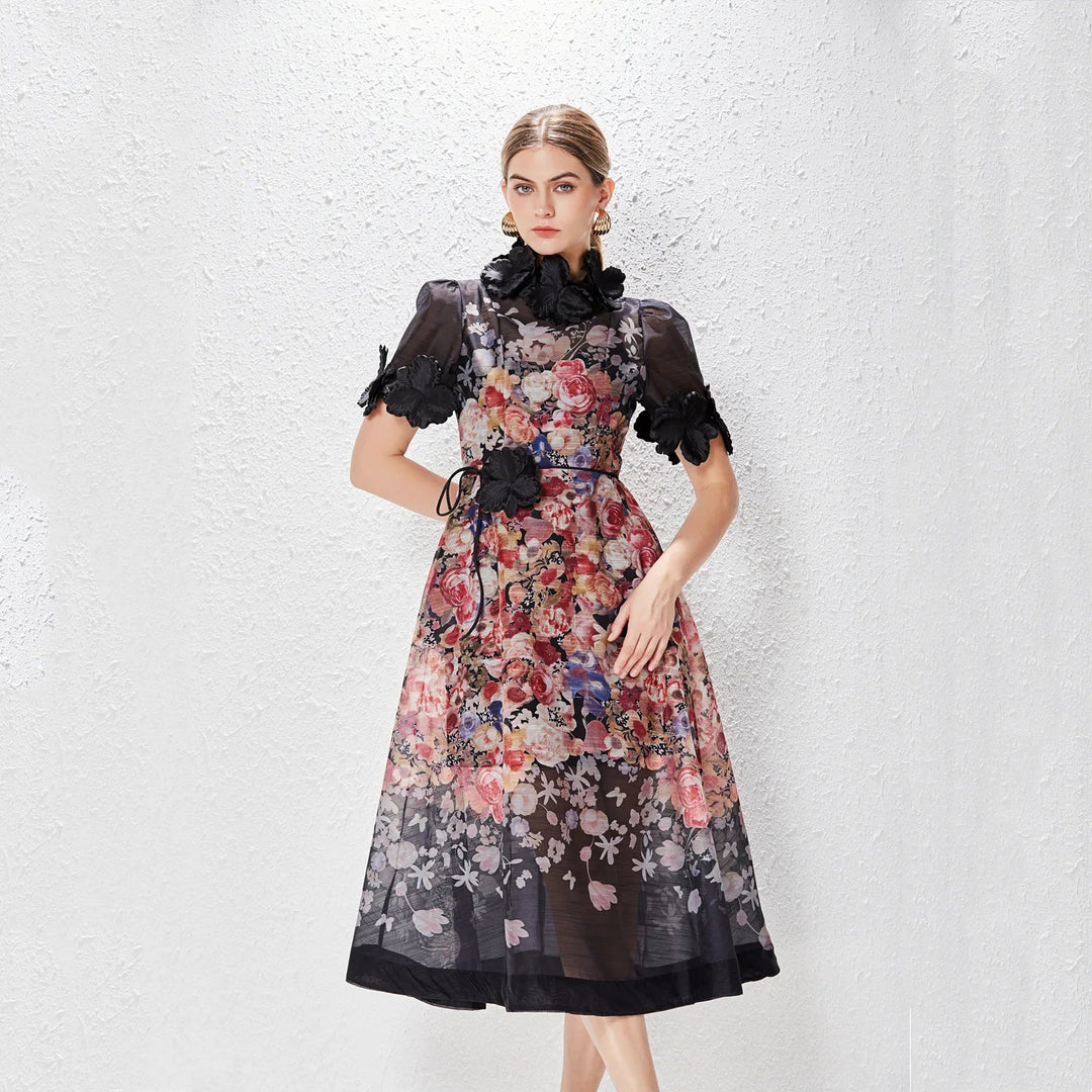 Heidi-Mode | Neue Damen Floral Mini Kleid Frühling Sommer Gedruckt Stehkragen Kurzarm Kleid Damen Urlaub Feier Vintage Kleider