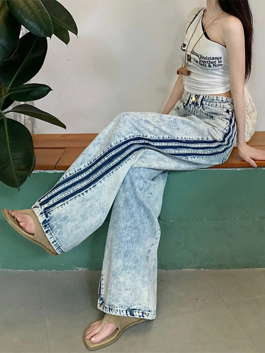 Heidi-Mode | Y2K 2000Er Kleidung Seitliche Streifen Helles Blau Baggy Jeans Hosen Damen Kleidung Günstiger Preis Weite Beine Damen Hosen Roupas Feminina