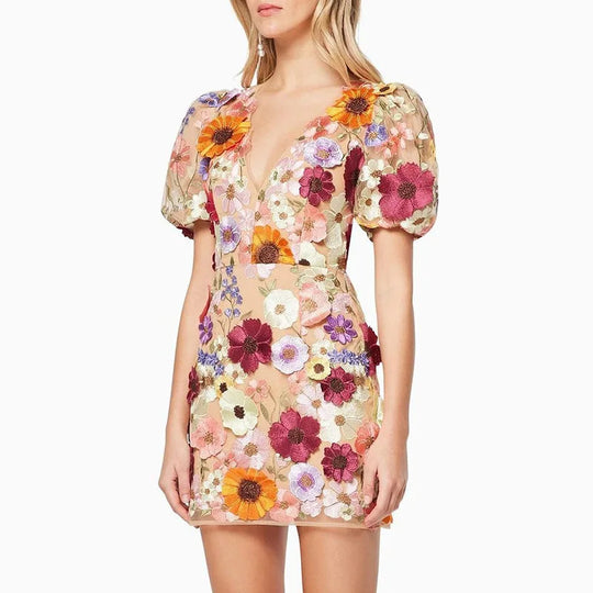 Heidi-Mode | Runway Frühling/Sommer Neu Mesh 3D Blumenstickerei Perspektiv Abend Prom Kleid Frauen Urlaub Robe Vestido Fest