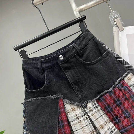 Heidi-Mode | Jahrgang Unregelmäßig Patchwork Kariert Röcke Denim Kurz für Frauen Hohe Taille Eingewickelt Hüfte Mini Rock Sommer Weiblich