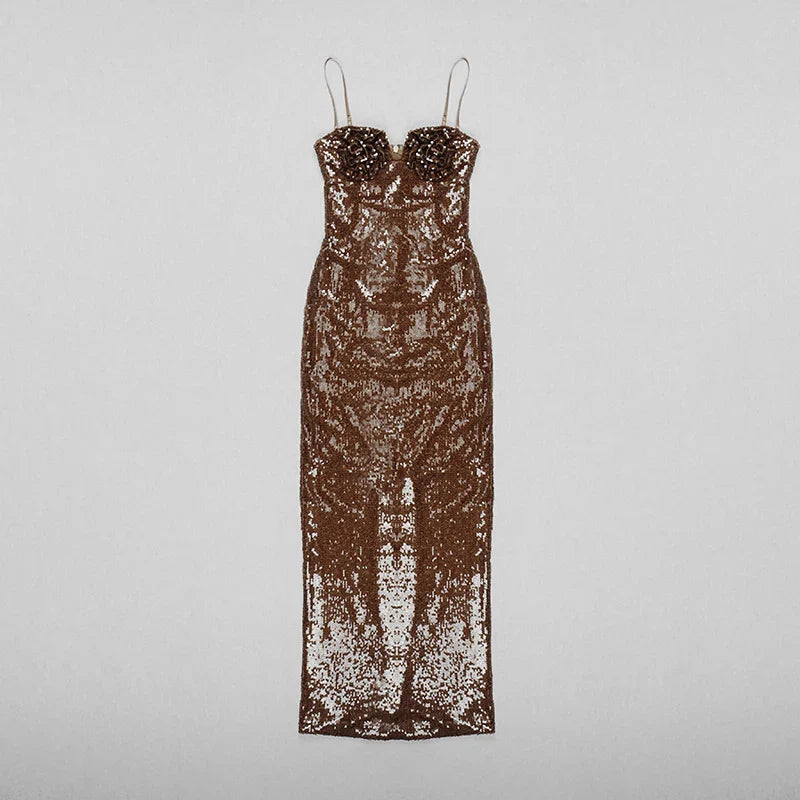 Heidi-Mode | Braunes Pailletten Trägerloses Maxikleid