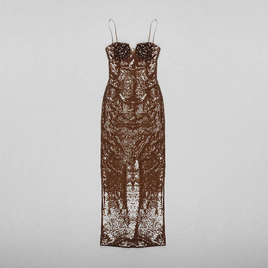 Heidi-Mode | Braunes Pailletten Trägerloses Maxikleid