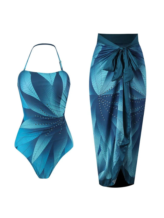 Heidi-Mode | Elegant Blau Blätter Gedruckt Einteiler Badeanzüge Damen Mode Hohe Taille Hängender Hals Bademode Französisch Bedeckter Bauch Bikini
