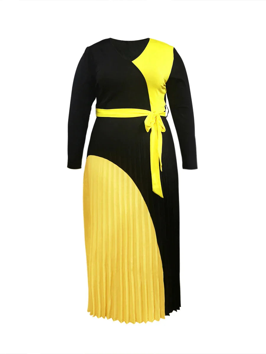 Heidi-Mode | Elegante Herbst Maxi Kleider Bandage Design Geschichteter Plisseefalten A-Linie Kleid Gürtelträger Lange Ärmel V-Ausschnitt Fließendes Patchwork Vestidos