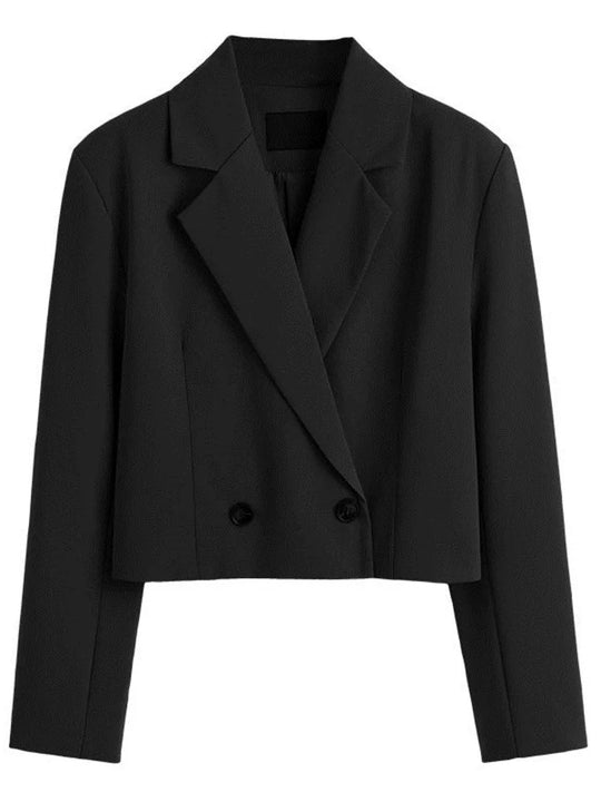Heidi-Mode | Mode Frauen Elegant Kurz Blau Jacke Entspannt Büroarbeit Vintage Einfarbig Lange Ärmel Reverskragen Zweireiher Jacke