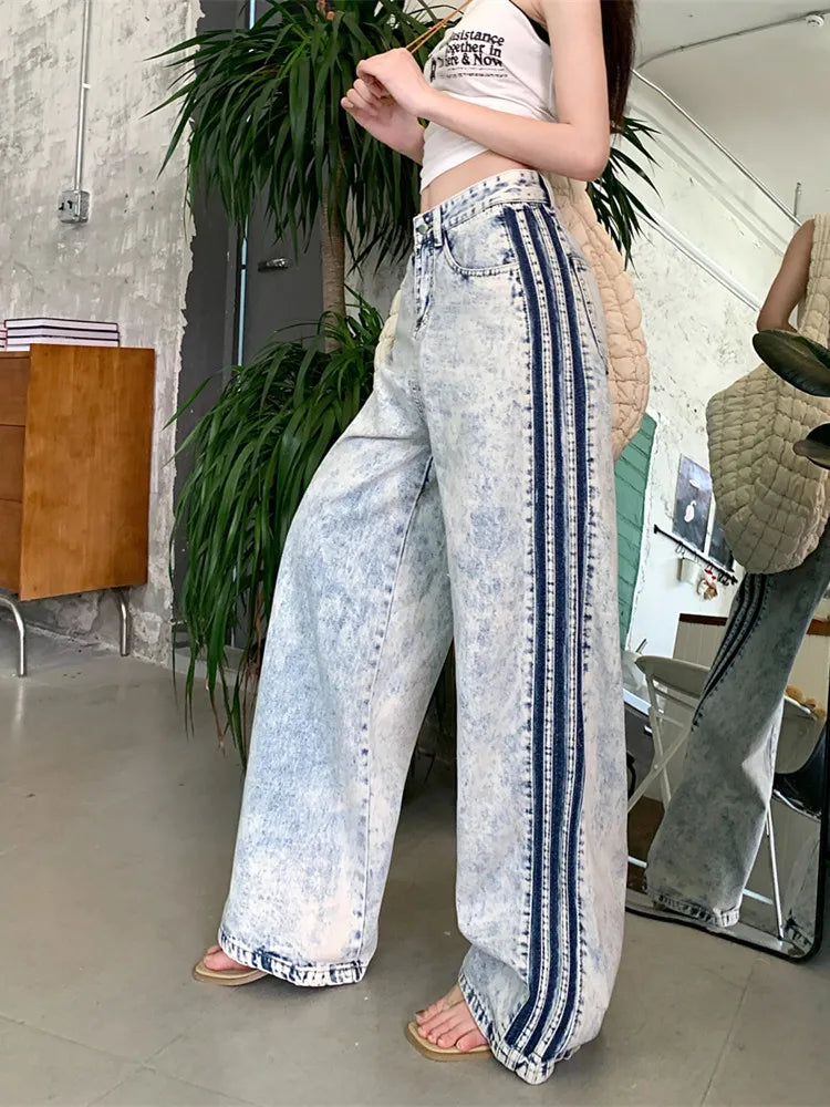 Heidi-Mode | Y2K 2000Er Kleidung Seitliche Streifen Helles Blau Baggy Jeans Hosen Damen Kleidung Günstiger Preis Weite Beine Damen Hosen Roupas Feminina