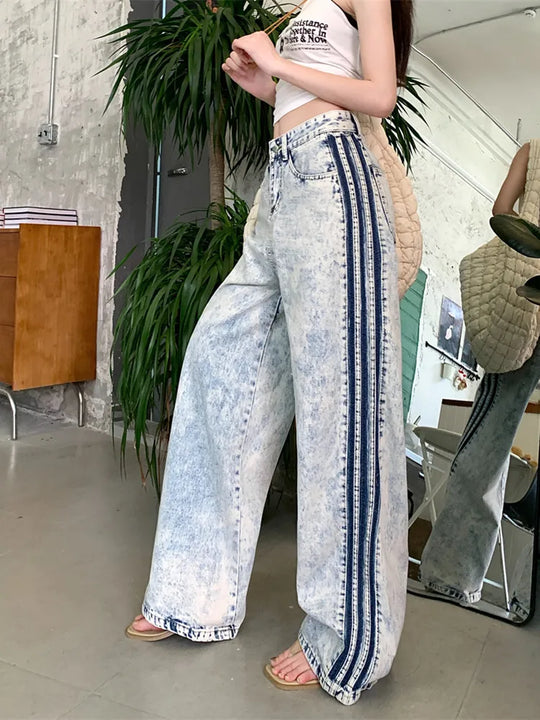 Heidi-Mode | Y2K 2000Er Kleidung Seitliche Streifen Helles Blau Baggy Jeans Hosen Damen Kleidung Günstiger Preis Weite Beine Damen Hosen Roupas Feminina