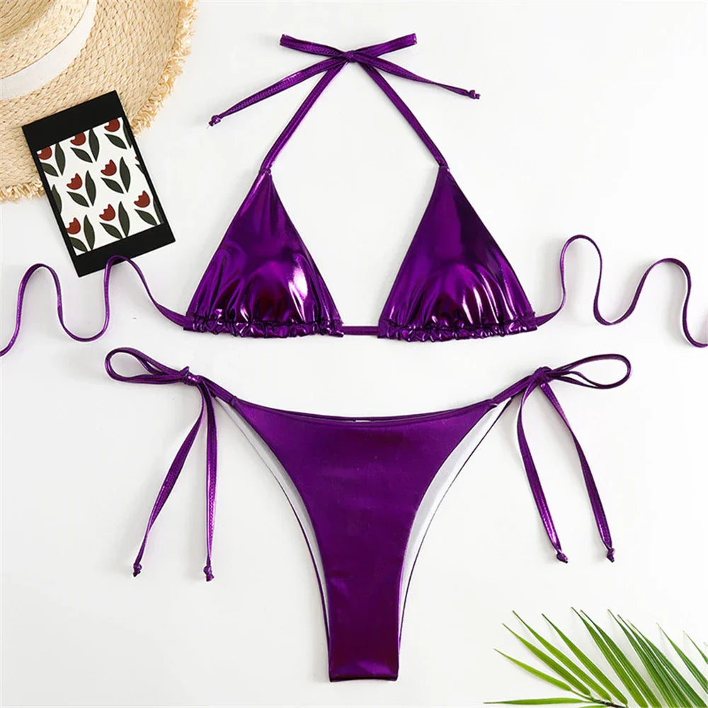Heidi-Mode | Halter Triangle Sexy Bikini Set Frauen Patentleder Glitzer Badeanzug Sommer Einfarbig G String Bademode Seitenschnürung Monokini
