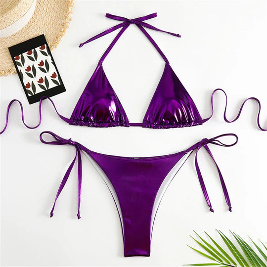 Heidi-Mode | Halter Triangle Sexy Bikini Set Frauen Patentleder Glitzer Badeanzug Sommer Einfarbig G String Bademode Seitenschnürung Monokini