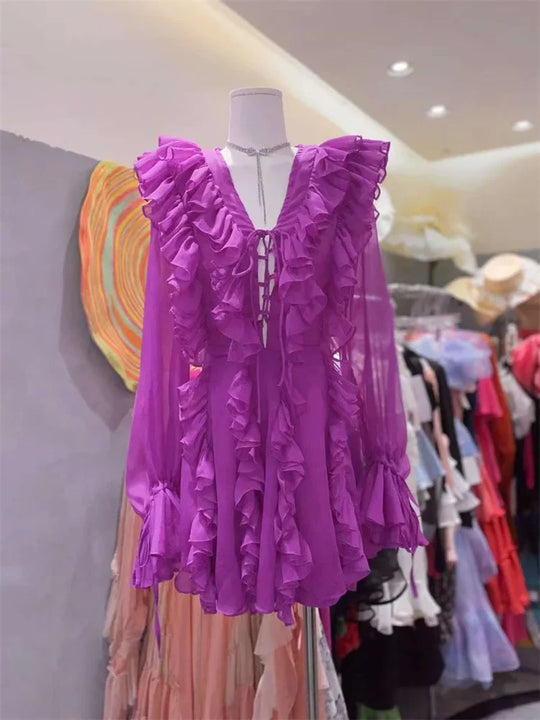 Heidi-Mode | Tossy V-Ausschnitt Schnürung Rüschensommerkleid für Frauen Mesh Bandage Hohe Taille Mode Abendkleid Kleid Weibliches Minikleid