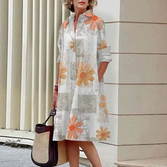 Heidi-Mode | Damen Elegante Hemdblusenkleider Herbstmode Blumen Lange Ärmel Lockere A-Linien Kleider Frauen Büro Damen Rote Grüne Revers Kleider