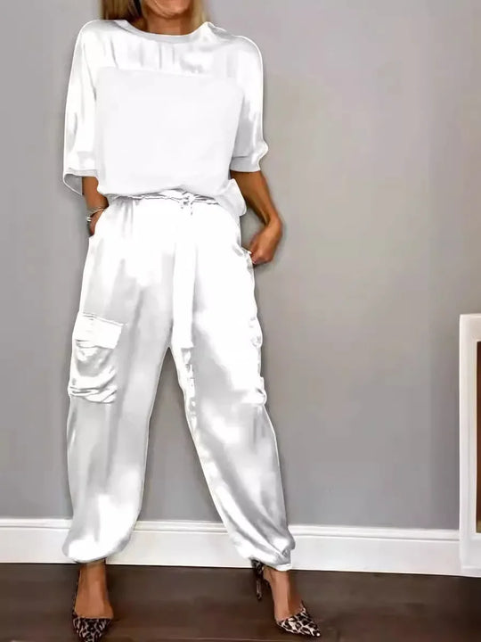 Heidi-Mode | Sommer Satin 2 Teilig Set Frauen Lässig Einfarbig 2 Teilig Outfit Halblange Ärmel Top Lockere Passform Hosen Set Zwei Teilige Set