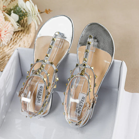 Heidi-Mode | Neue Sommer Outdoor Damen Flache Sandalen Britischer Stil Damen Lässig Römische Flache Stilvolle Niet Design Arbeit und Fest