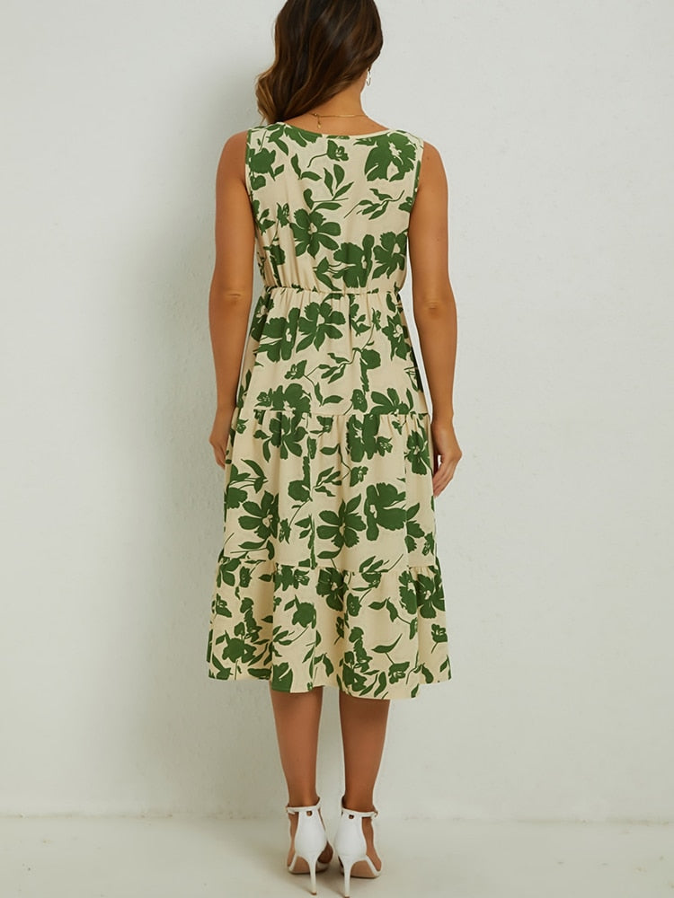 Grünes Blumen-Midi-Kleid