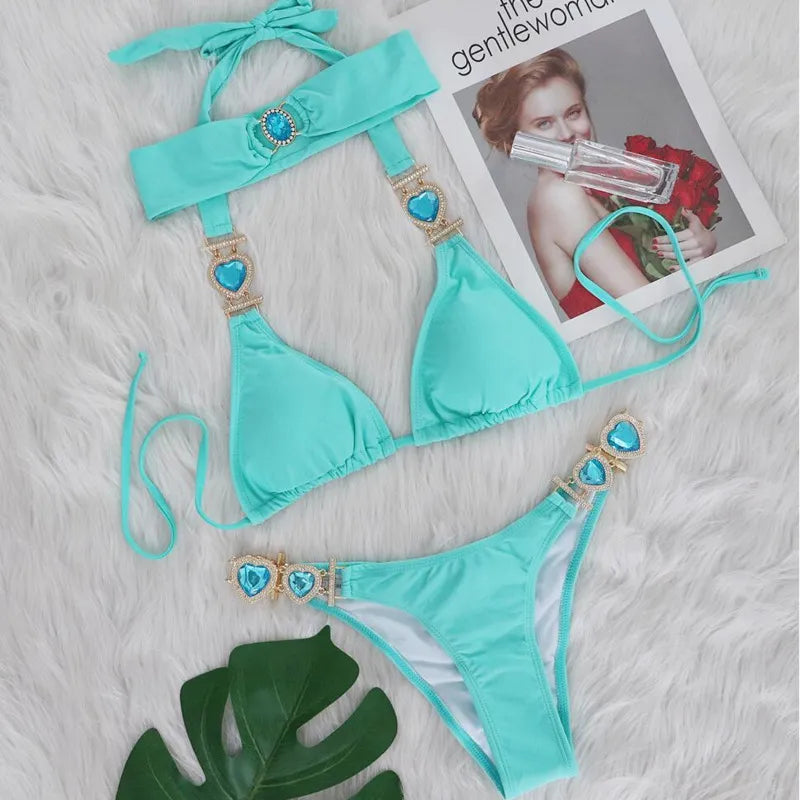 Heidi-Mode | Pink Sexy Bikinis Schwimmbekleidung mit Herz Strass Damen Bademode Female Push-Up Bikini Strand Bademode Badeanzüge Pool Badebekleidung