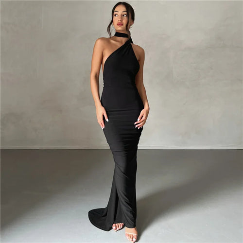 Heidi-Mode | Neue Mode Elegante Maxi Kleid für Frauen Sexy Ein Schulter Bodycon Slim Plissiert Einfarbig Rückless Kleider Fest Klub Kleidung