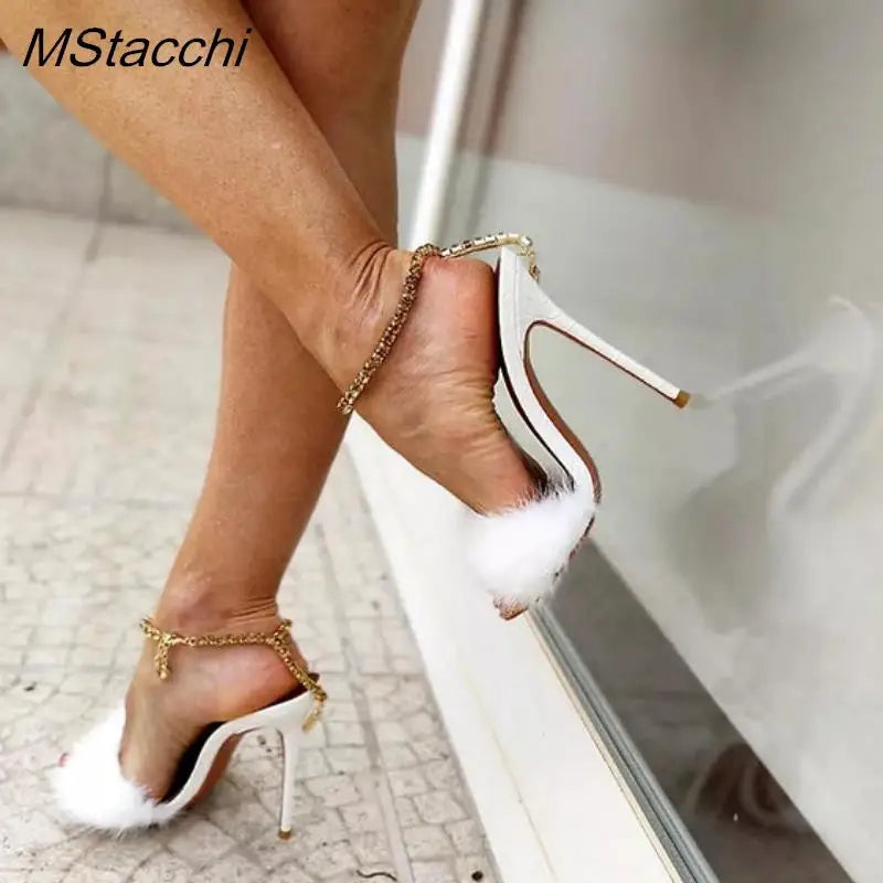 Heidi-Mode | Sommer Furry Mules Schuhe Peep Toe Dünne Absätze Slippers Frauen Sxy Metall Dekoration Spitz Zehe Gladiator Sandalen Fest Stiletto