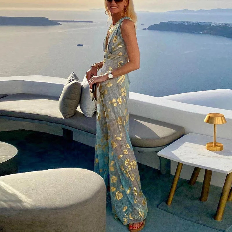 Fließendes Kleid mit V-Ausschnitt und Paillettenverzierung
