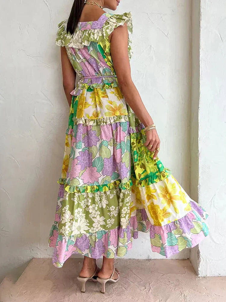 Heidi-Mode | Lgrq Trendy Rüschlinie Design Gedruckte Lange Kleider Sommer Rüschmode Ohne Ärmel Elegantes Luxus Kleid Mädchen