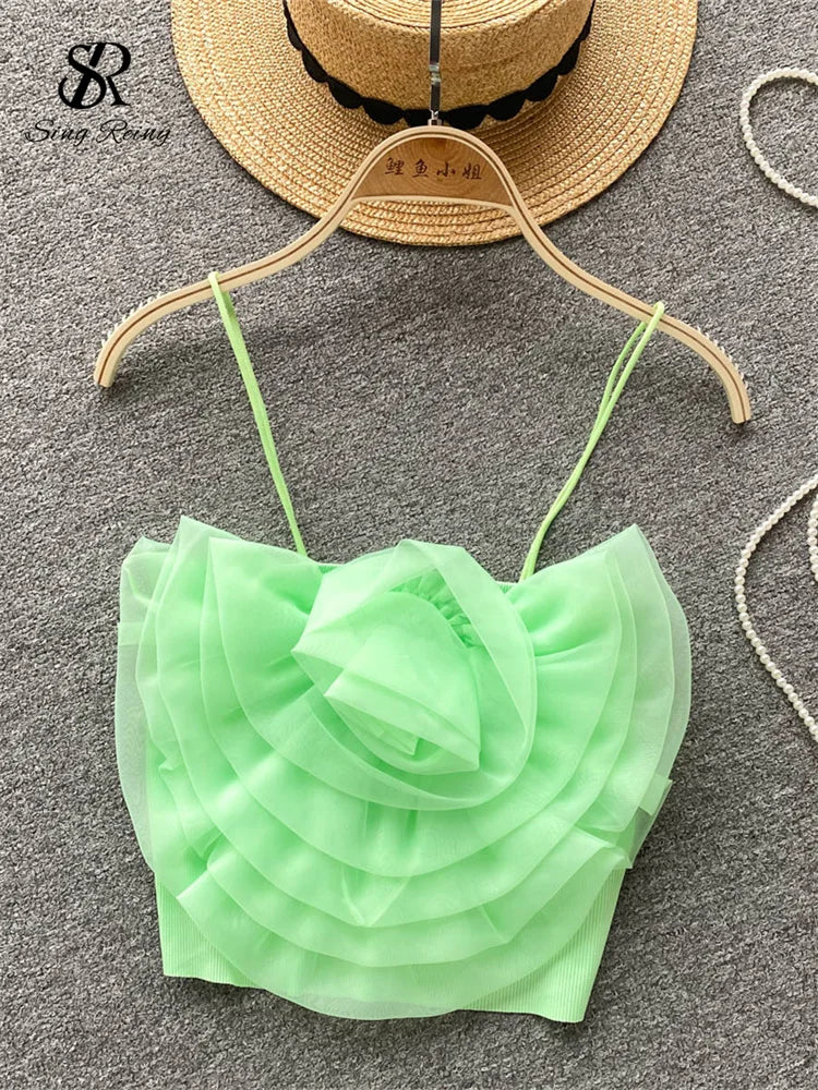 Heidi-Mode | Damen 3D Blumen Urlaub Stil Sexy Camis Sommer Design Kurzoberteile Damen Unifarben Slim Kurz Streetwear Strand Camisole