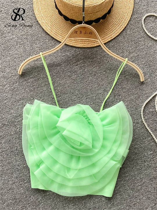Heidi-Mode | Damen 3D Blumen Urlaub Stil Sexy Camis Sommer Design Kurzoberteile Damen Unifarben Slim Kurz Streetwear Strand Camisole
