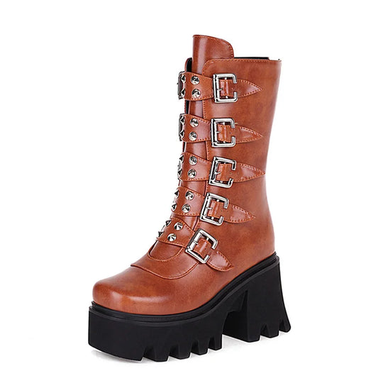 Heidi-Mode | Gothic Schuhe Frauen Schwarz Hochstiefel Weiblich Hohe Absatz Frauen Combat Punk Chunky Dame