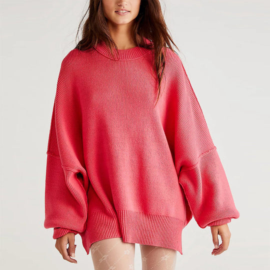 Heidi-Mode | Eleganter Damen Pullover Rot Oversize Mit Rundhalsausschnitt Und Langen Ärmeln