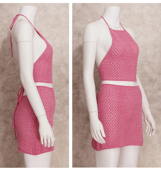 Heidi-Mode | Gestrickte Hals-Halter Rückenfreies Crop & Mini Rock Sets