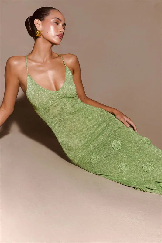 Heidi-Mode | 3D Blumen Rückenfrei Lang Kleid