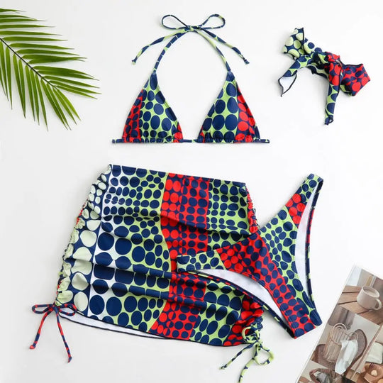 Heidi-Mode | Dot Prin Bikini, Mini Rock, Kopfbedeckung 4 Stück Satzs
