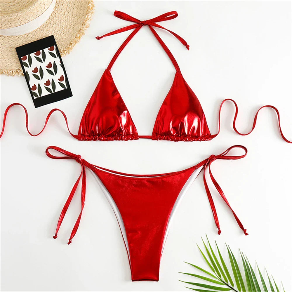 Heidi-Mode | Halter Triangle Sexy Bikini Set Frauen Patentleder Glitzer Badeanzug Sommer Einfarbig G String Bademode Seitenschnürung Monokini