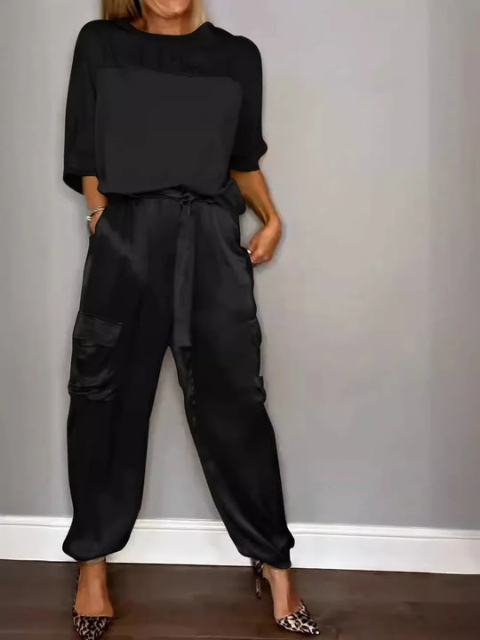 Heidi-Mode | Sommer Satin 2 Teilig Set Frauen Lässig Einfarbig 2 Teilig Outfit Halblange Ärmel Top Lockere Passform Hosen Set Zwei Teilige Set