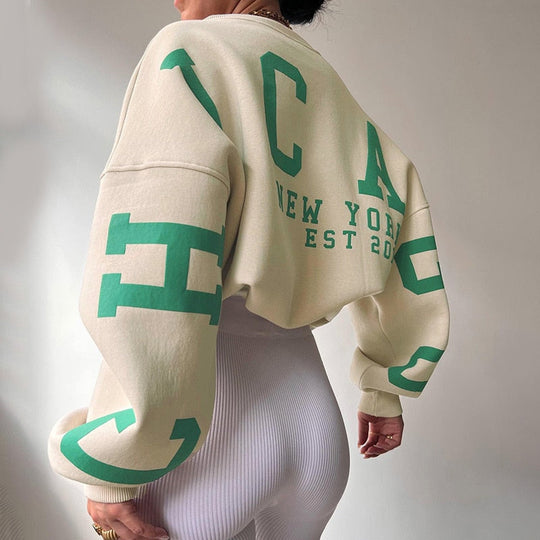 Heidi-Mode - Schickes Herbst Oversized Sweatshirt mit Chicago Buchstaben Grafik für Frauen