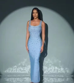 Heidi-Mode | Schwarz Himmelblau Frauen Ohne Ärmel Sexy O-Ausschnitt Schiene Kristall Bodycon Bandage Lange Kleid Celebraate Nachtclub Fest Outfit