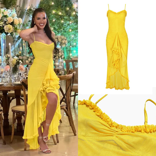 Heidi-Mode | Unregelmäßige Mesh Festkleider Neue Ankünfte Spaghetti-Träger Bodycon Kleid Mode Gerüschtes Langkleid Damen