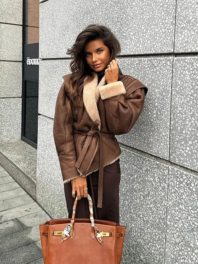 Heidi-Mode | Elegante Braune Lederjacke mit Pelzkragen und Gürtel Stilvoll und Zeitlos