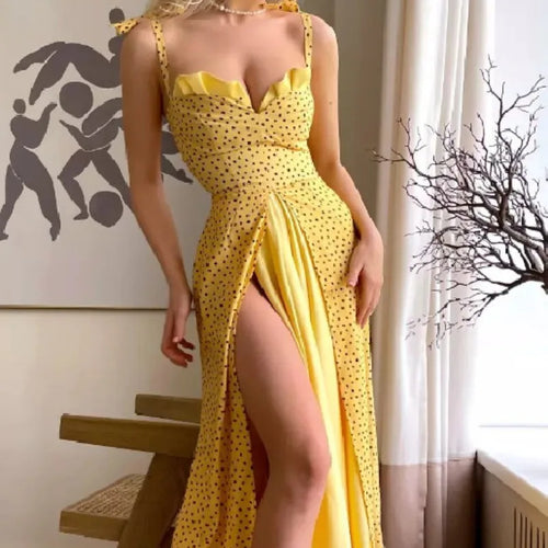 Heidi-Mode | Frauen Maxi Kleid Sommer Mode Lässig V-Ausschnitt Sling Nippet Taille Schlitz Lose Elegant Strand Sexy High Street Wear