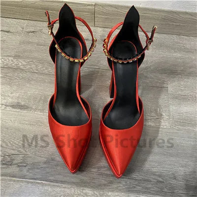 Heidi-Mode | Luxus Frauen High-Heels Schuh Plattform Sandalen Spitz Zehe Damen Seiden Pumps Sexy Strass Schnalle Chunky Absatz Hochzeitsschuhe