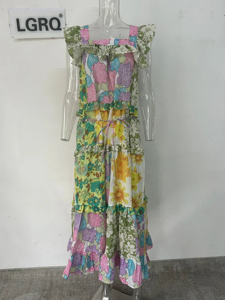 Heidi-Mode | Lgrq Trendy Rüschlinie Design Gedruckte Lange Kleider Sommer Rüschmode Ohne Ärmel Elegantes Luxus Kleid Mädchen