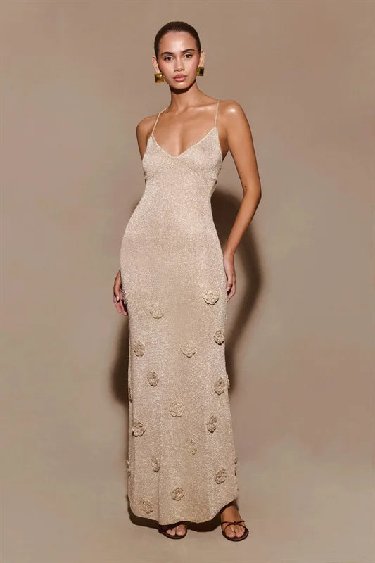 Heidi-Mode | 3D Blumen Rückenfrei Lang Kleid