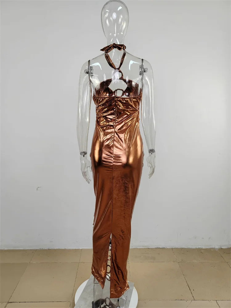 Heidi-Mode | Halter Metall Schnalle Hohles Rückenfreies Langkleid