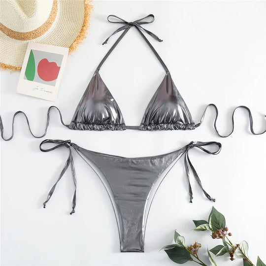 Heidi-Mode | Halter Triangle Sexy Bikini Set Frauen Patentleder Glitzer Badeanzug Sommer Einfarbig G String Bademode Seitenschnürung Monokini