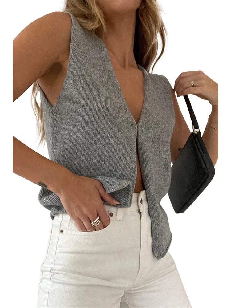 Heidi-Mode | Y2K Frauen Strickweste Tops Lässig Retro Ohne Ärmel V-Ausschnitt Knöpfe Oben Tank Sommer Herbst Chic Weste Club