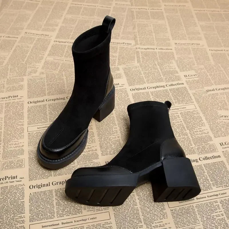 Heidi-Mode | Maogu Black Damen Kurze Knöchelschuhe Strumpfstiefel Kampfstiefel Hohe Absätze Wildleder Absätze Herbststiefel Slip-On Schuhe für Damen