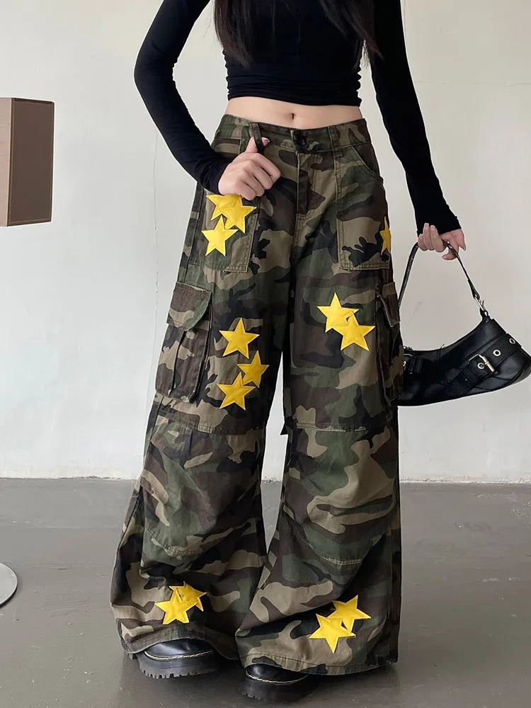 Heidi-Mode | Y2K Kleidung Frau Stern Stickerei Camouflage Baggy Jeans Cargo Hosen für Frauen Kleidung Breite Bein Damen Neu Rock Lange Hosen