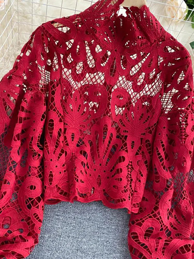 Heidi-Mode | Sexy Spitzen Hohle Ohne Kurze Bluse Lässig Laterne Langärmlige Standkragen Hemden Frauen Elegant Rot/ Rosa/ Weiß Lose Tops