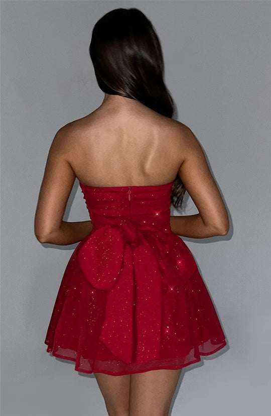 Heidi-Mode | Glitzer Mesh Straplos Rückenfrei Schleife Mini Kleider
