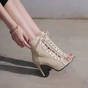 Heidi-Mode | Sandalen Höhle Mesh Absätze Gürtel Schnalle Damen Sommer Beige Schnürsenkel Sexy Offene Zehe Stiletto Jazz Tanz Fest Damenschuhe