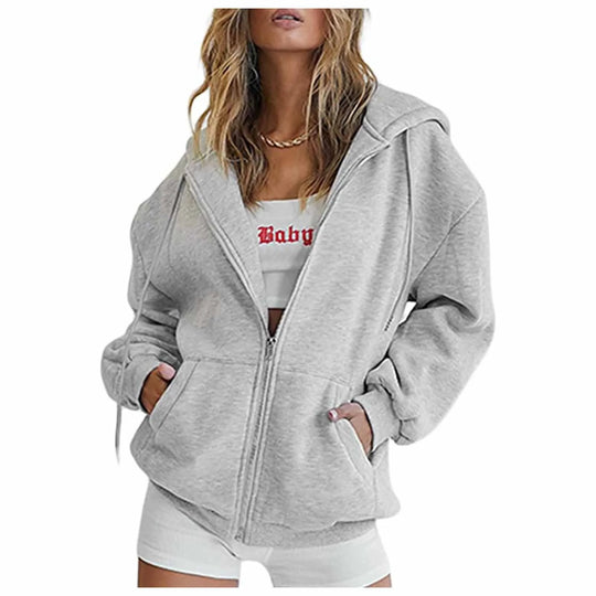 Heidi-Mode | Damen Graue Zip-Up Sweatshirt Hoodies mit Taschen