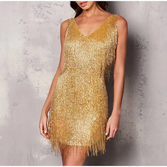 Heidi-Mode | Kleid Gold Pailletten Fransen Mini Kleid